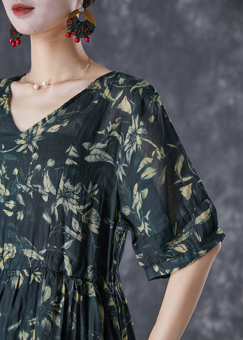 Blackish Green Cinched Print Linen Maxi Dress Summer