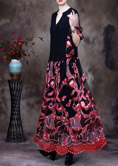 Red Lace Knit Dresses Embroideried Spring