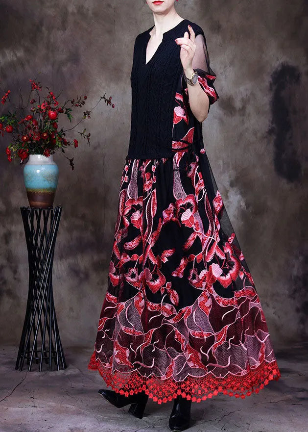 Red Lace Knit Dresses Embroideried Spring