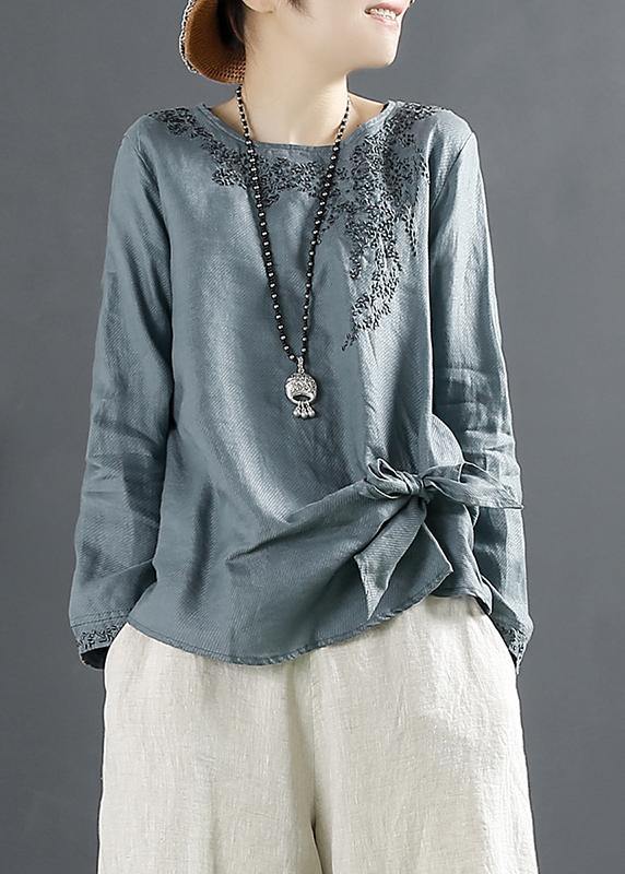 Unique Blue Print Tops O Neck Cotton Blouses
