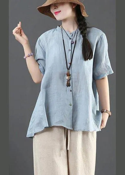 Style Blue Half Sleeve Linen Shirt Tops Summer