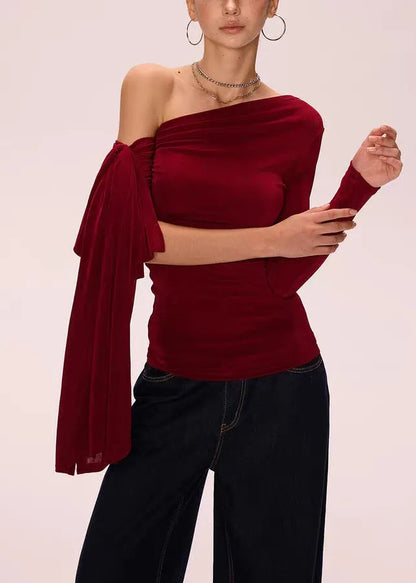 Red Slim Fit Cotton Fall T Shirts Asymmetrical