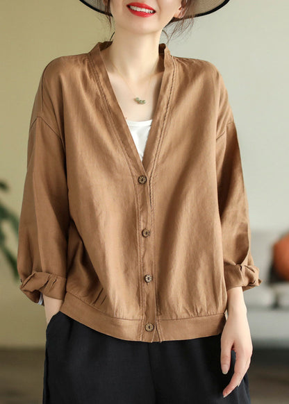Khaki V Neck Button Linen Top Long Sleeve