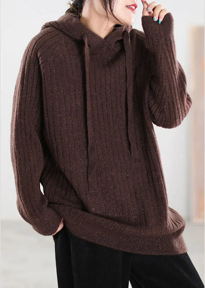 Chocolate Hooded Drawstring Knitted Tops Spring
