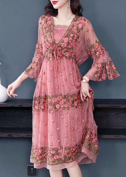 Pink Embroideried Lace Up Silk Robe Dresses Flare Sleeve