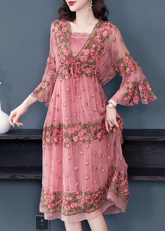 Pink Embroideried Lace Up Silk Robe Dresses Flare Sleeve