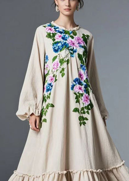 Natural Beige Ruffled Exra Large Hem Cotton Maxi Dresses Fall