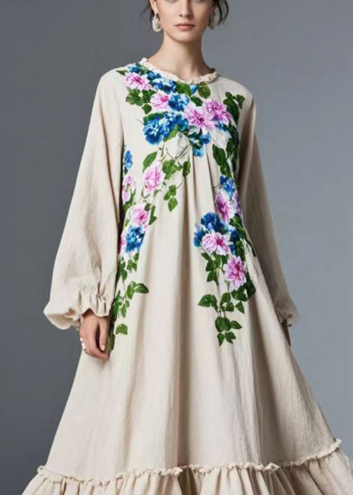 Natural Beige Ruffled Exra Large Hem Cotton Maxi Dresses Fall