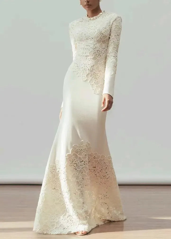 Handmade White Sequins Patchwork Cotton Party Dress Fall