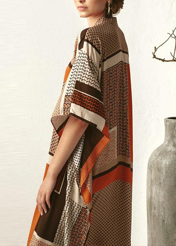 Orange Chocolate Print Half Sleeve Kimono Robe Summer Chiffon Dress