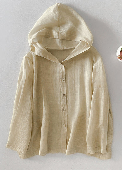 Simple Pink Hooded Button Pockets Cotton Shirt Fall