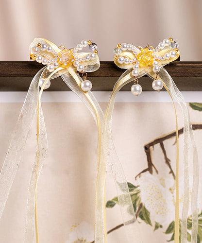 Yellow Copper Alloy Chiffon Pearl Colored Glaze Ribbon Kids Hairpin