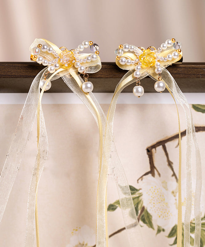 Yellow Copper Alloy Chiffon Pearl Colored Glaze Ribbon Kids Hairpin