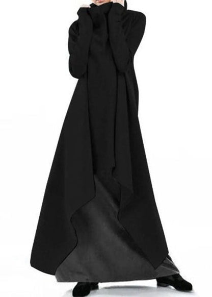 Style Grey Hign Neck Asymmetrical Design Cotton Dress Fall