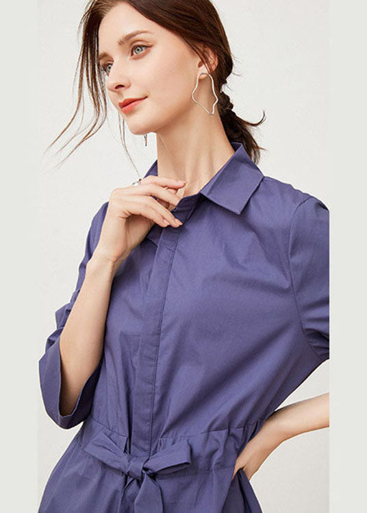 Blue Cinched Print Cotton Shirts Dresses Spring