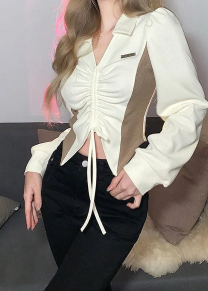 Apricot Drawstring Wrinkled V Neck Patchwork Top Long Sleeve