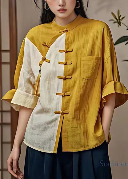 Yellow Button Pockets Patchwork Cotton Shirt Flare Sleeve