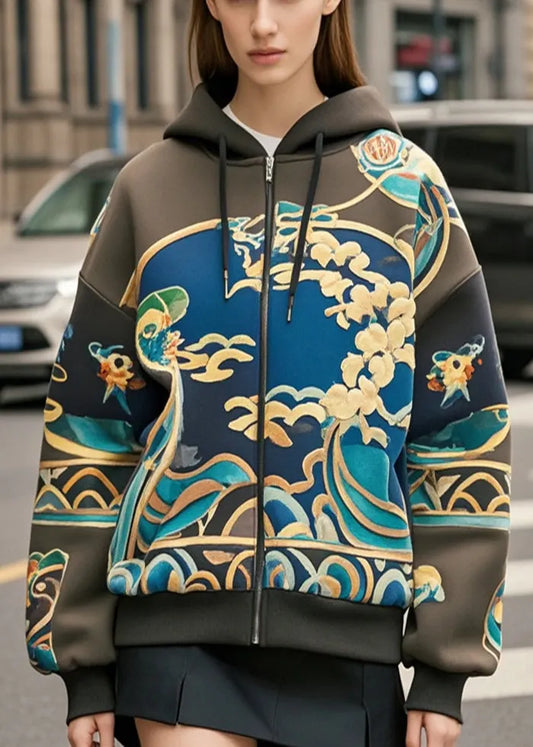 Blackish Green Oversized Print Cotton Hoodie Coat Fall
