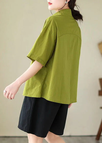 Green Patchwork Cotton Blouse Tops Peter Pan Collar Summer