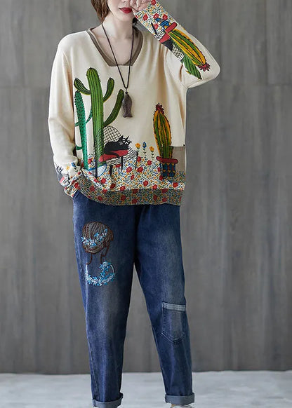 French Beige V Neck Loose Print Fall Sweater