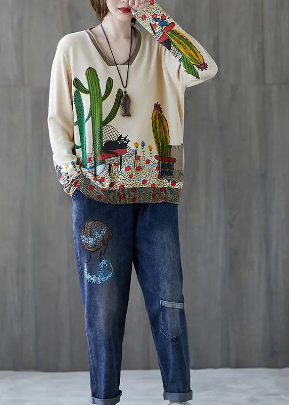 French Beige V Neck Loose Print Fall Sweater