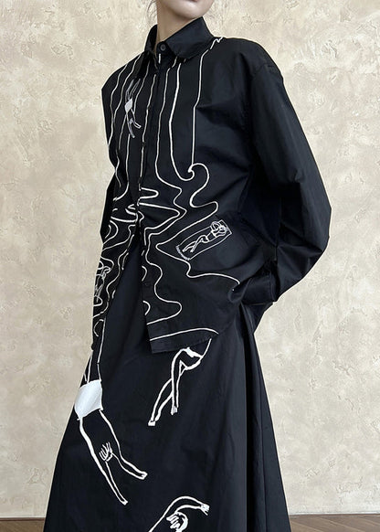 Black Cotton Shirt Tops Peter Pan Collar Graffiti Fall