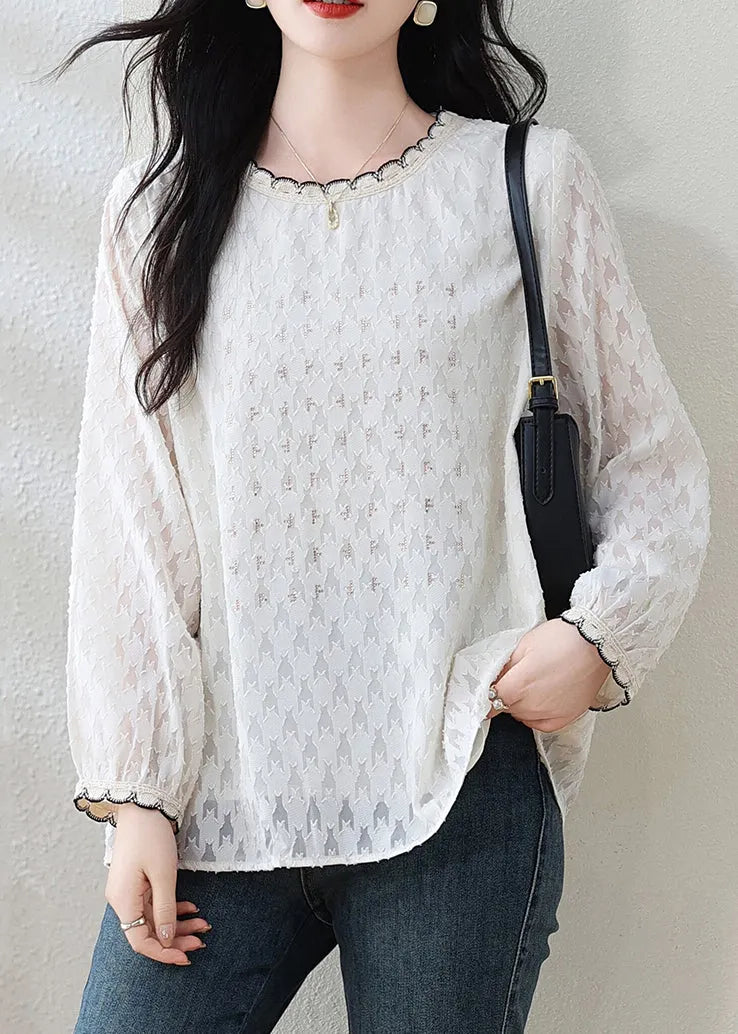 Modern White O-neck Jacquard Lace Top Fall
