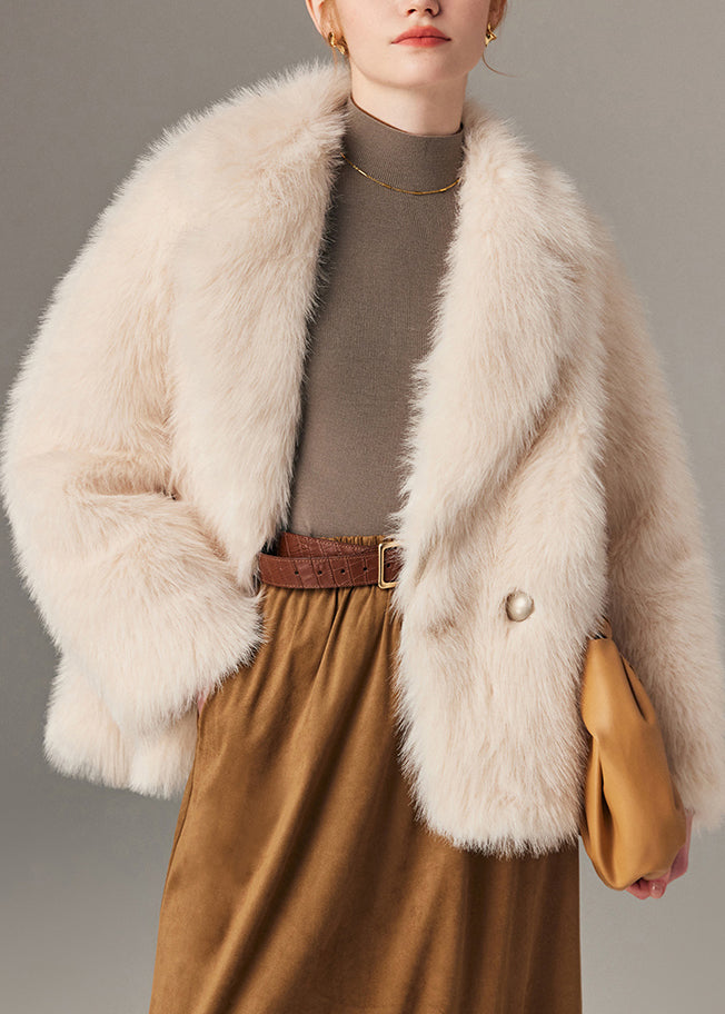 Art Beige Notched Button Leather and Fur Coats Winter