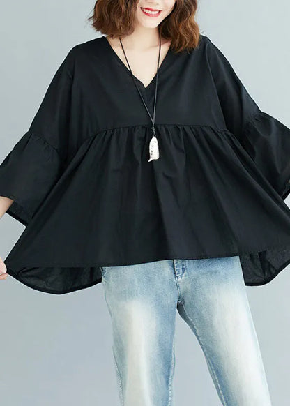 Green Feather V Neck Patchwork Asymmetrical Design Fall Top Three Quarter Sleeve