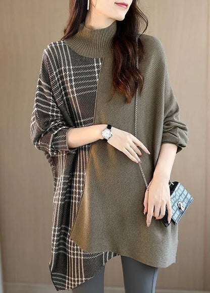 Brown Turtleneck Patchwork Plaid Fall Sweater