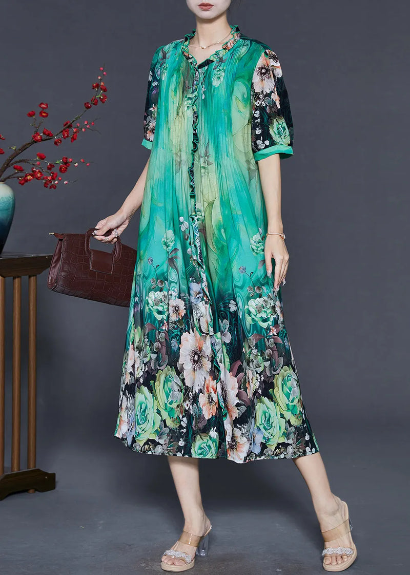 Green Print Silk Dress Ruffled Wrinkled Summer