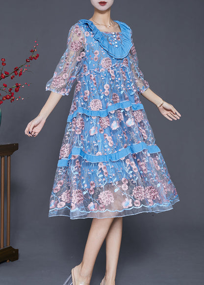 Modern Lake Blue Ruffled Patchwork Embroideried Tulle Dress Summer