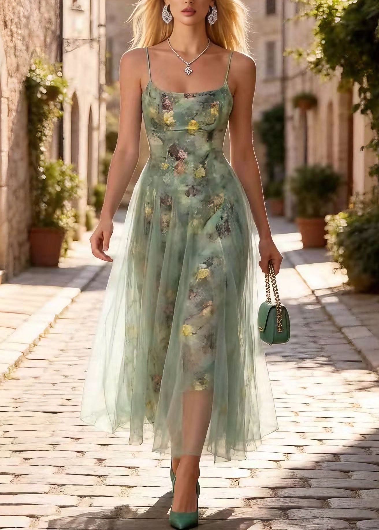 Print Wrinkled Tulle Spaghetti Strap Dress Summer