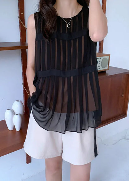 Black O-neck Tie Waist Chiffon Top Summer