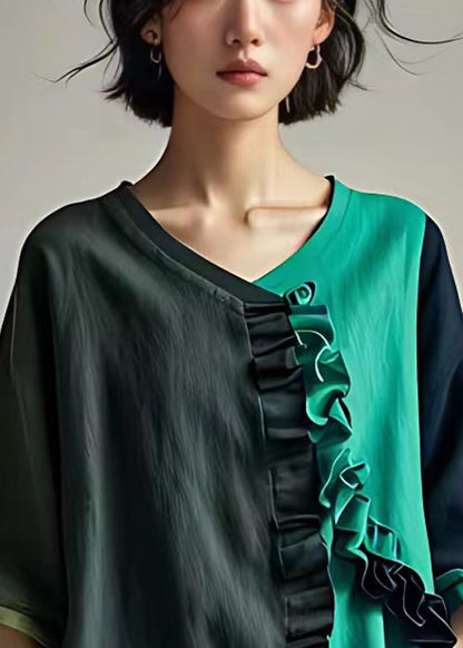 Dark Gray Ruffled Patchwork Cotton Tops Bracelet Sleeve