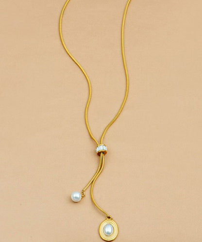 Unique Gold Stainless Steel Asymmetric Pearl Tassel Pendant Necklace