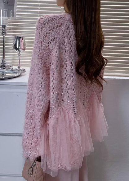 Pink Flower Patchwork Tulle Knit Cardigans Winter
