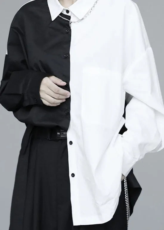 French Black Patchwork White Button Fall Long Sleeve Shirt Tops