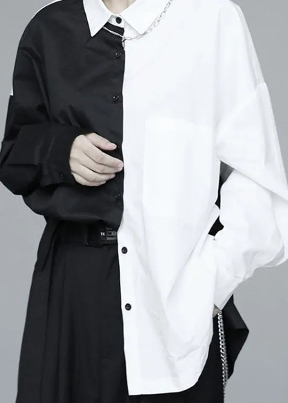 French Black Patchwork White Button Fall Long Sleeve Shirt Tops