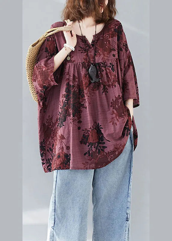 Modern Mulberry V Neck Patchwork Print Fall Tops Three Quarter Sleeve