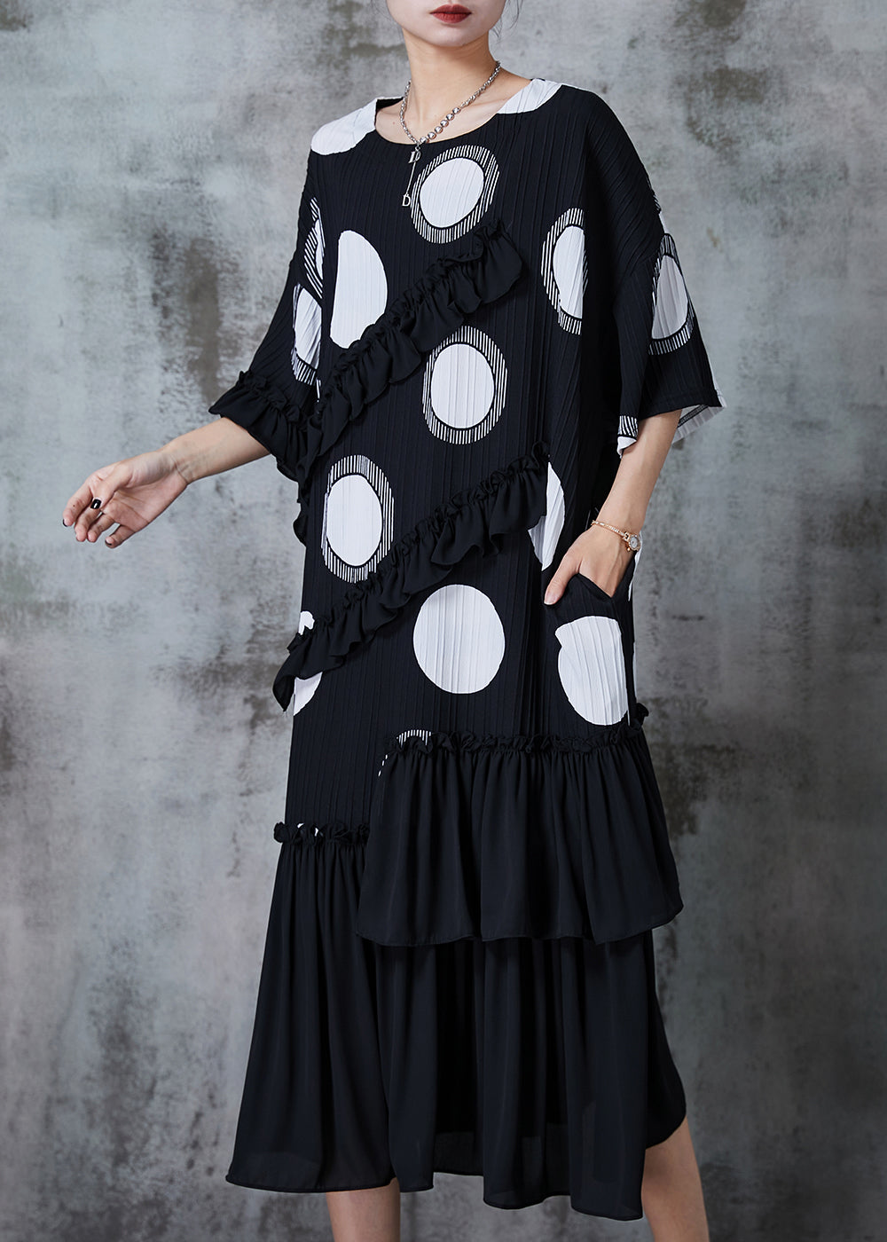 Black Ruffled Patchwork Chiffon Maxi Dress Summer