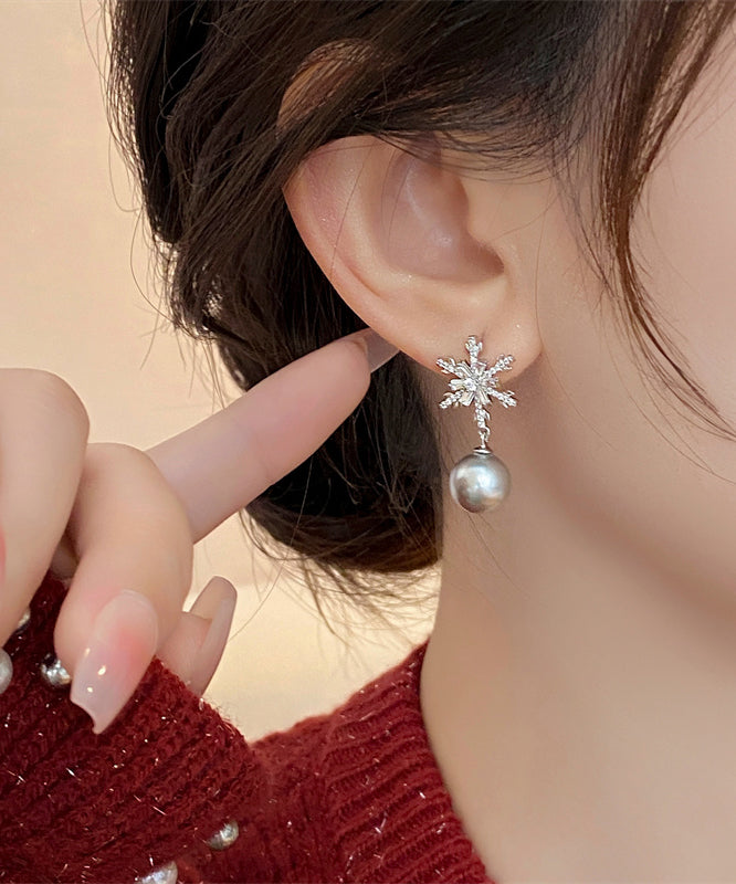 Diy Grey Copper Snowflake Pearl Drop Earrings