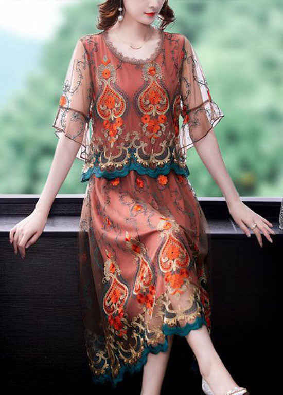 Modern Orange Embroideried Patchwork Tulle Dresses Summer