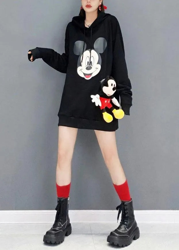 Unique Black Hooded Print Fall Sweatshirts Top