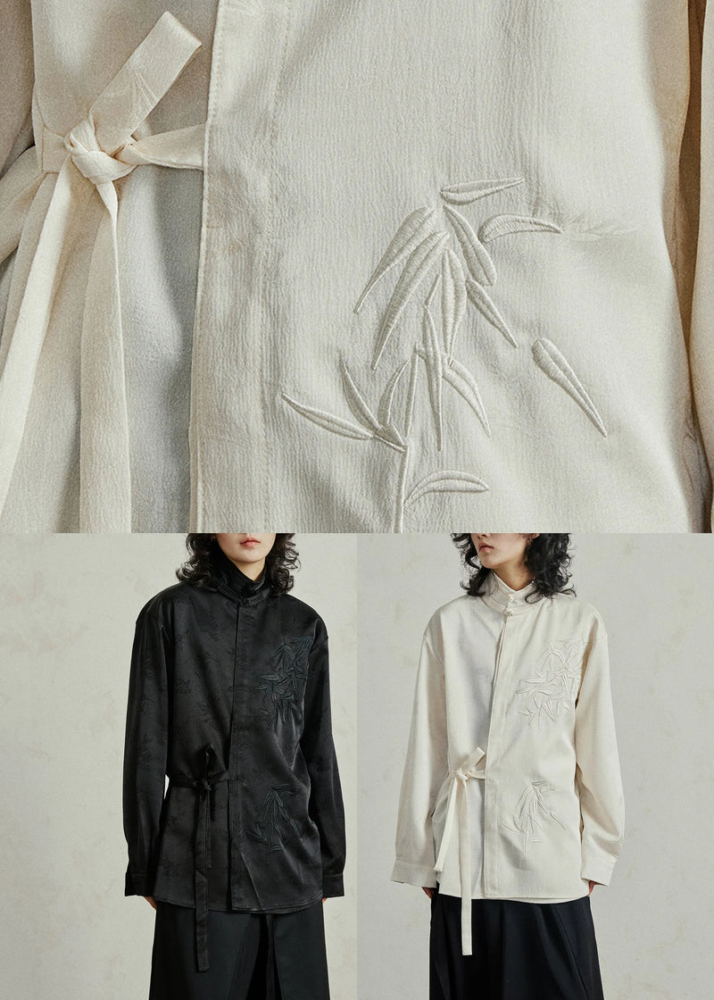 Black Shirt Embroidered Tie Waist Fall