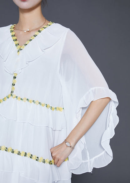 White Ruffled Patchwork Chiffon Beach Dress Summer