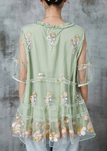 Stylish Green Embroidered Ruffled Tulle Blouse Tops Summer
