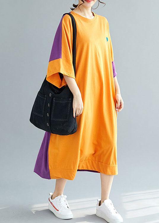 Style Yellow Patchwork Blue Summer Holiday Dress Half Sleeve