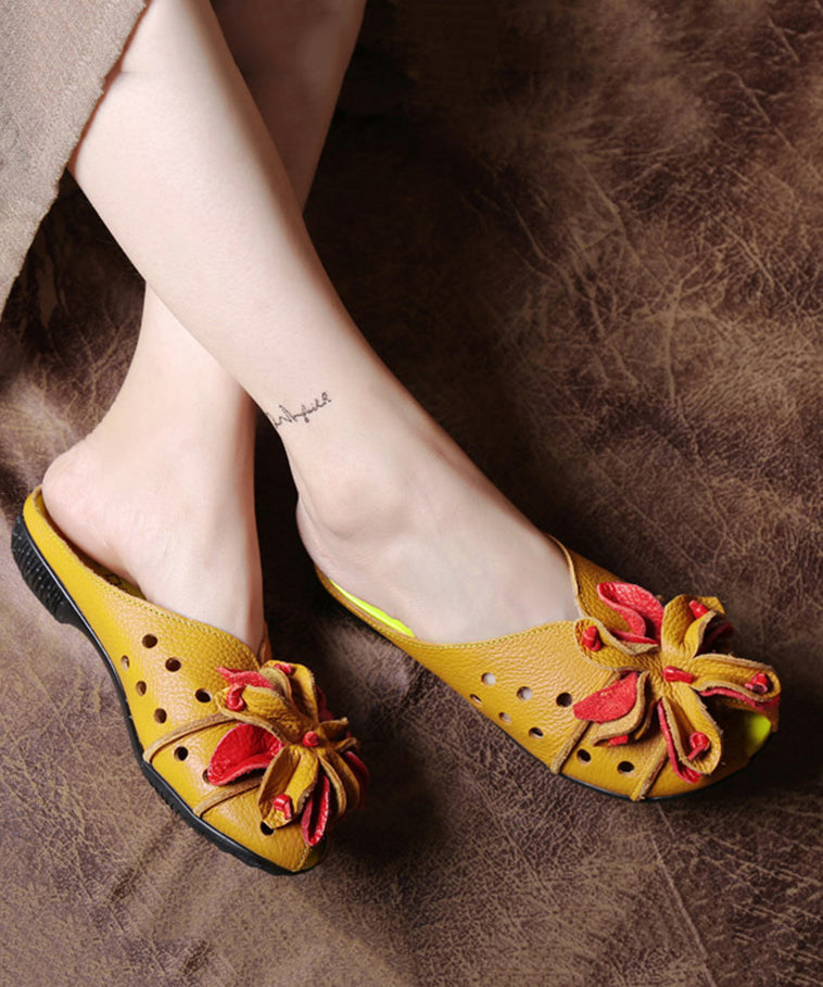 Yellow Flower Hollow Out Cowhide Leather Flip Flops