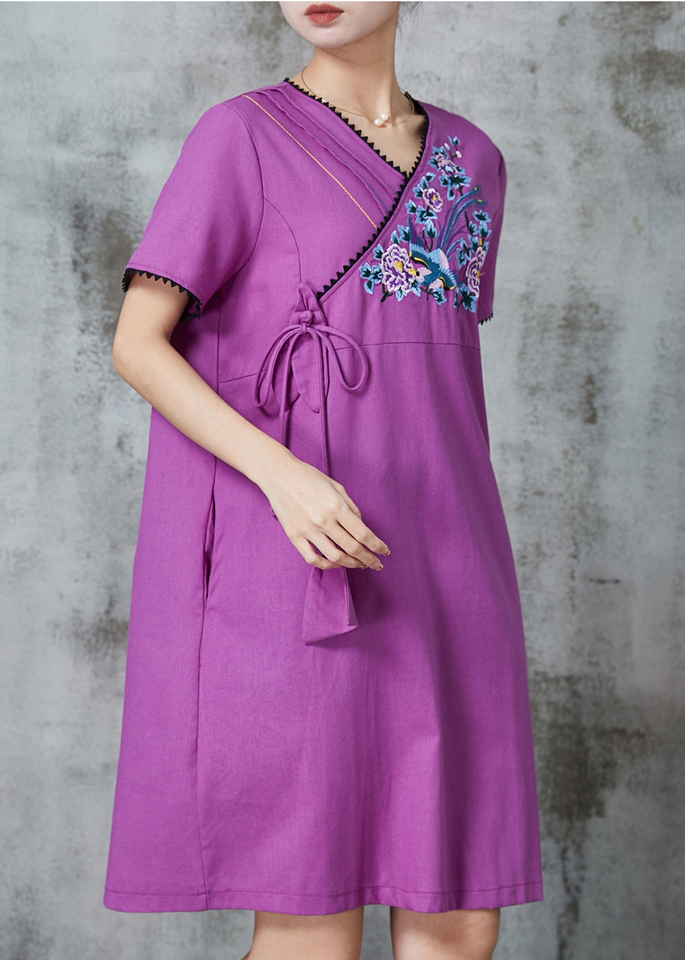 Purple Embroidered Cotton Maxi Dress Summer